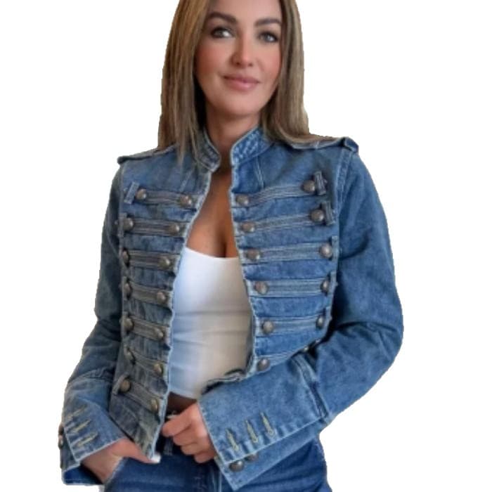In Stock EU/US Cross-Border Stand Collar Double-Breasted Napoleon Denim Jacket Vintage Washed Military Style Coat
