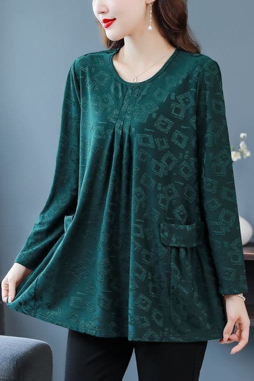 New Autumn Mom's Dress, Stylish Loose Fit Long Sleeve Mid-Length Lace Pocket Top for Plus Size, Hides Belly
