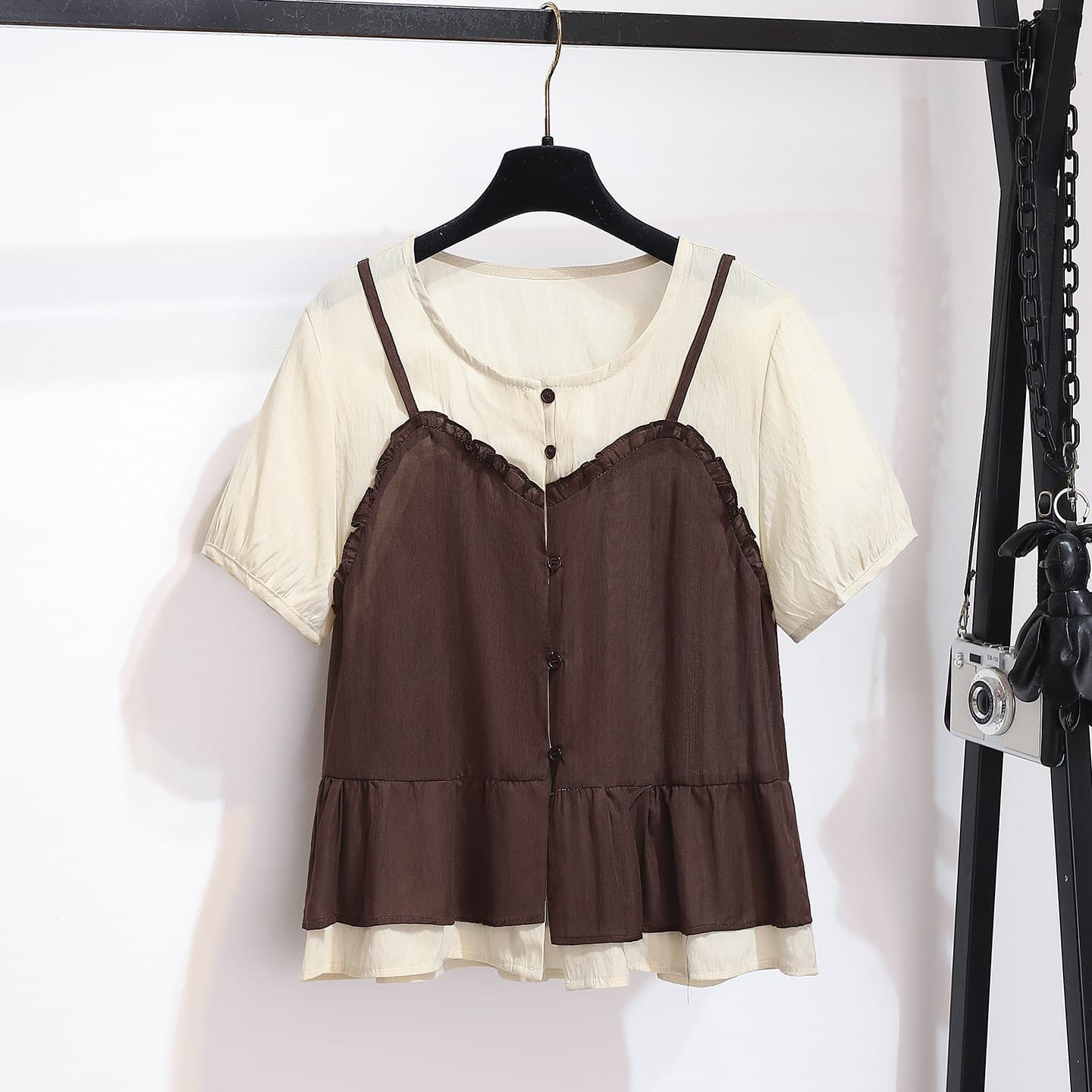 Stitching Camisole Two-Piece Bubble Short Sleeve Blouse Thin Top Women 2026 Summer New Unique Pretty Top