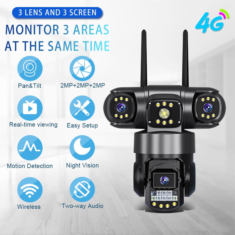 Cross-border 4G/wireless WiFi home outdoor high-definition camera monitor three-lens three-screen surveillance camera