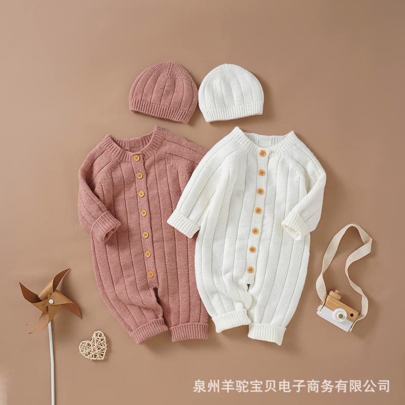 Trending One-Piece Solid Knit Baby Romper + Hat