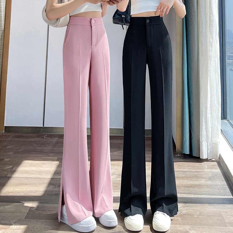 In Stock 2026 Summer Ice Silk Suit Pants Straight-Leg Thin Side Slit High Waist Narrow Wide-Leg Floor-Length Pants for Women