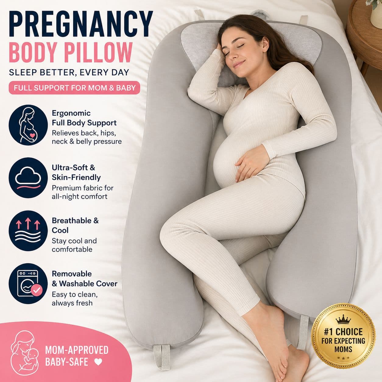 Gray U-shaped full body sleep support pillow, side sleeping pillow for pregnant women, essential artifact for pregnant women, side sleeping pillow, pregnancy pillow