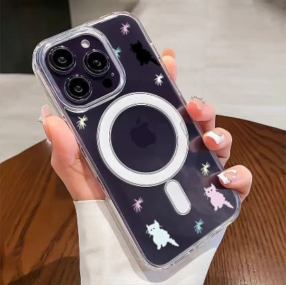 Pink Cute Cat Design Compatible with iPhone 17 Pro Max Magnetic AI Button 14 15 Acrylic Large Hole 13 Pro