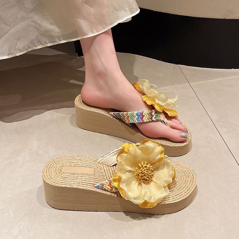 Flower summer slippers fashionable Xishuangbanna thick-soled Dai flip-flops beach shoes wedges holiday ethnic clothing