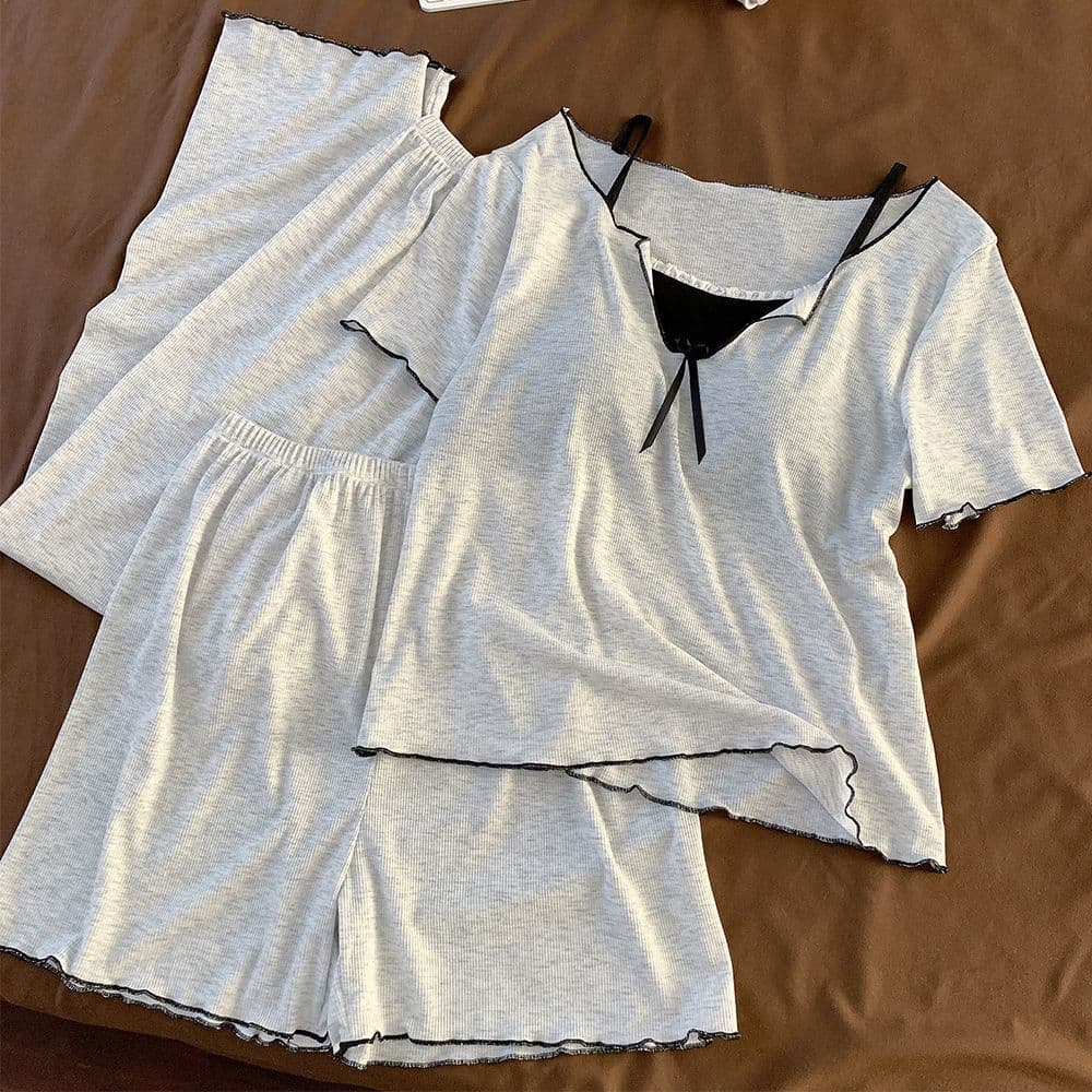 Pajamas with Padded Bra Women's Summer Modal Solid Striped Wearable Anti-Exposure Short Sleeve Long Pants 3-Piece Set