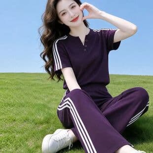 Korean Fashion V-Neck Striped Sportswear Set, New Summer, Slimming, Plus Size Short Sleeve Casual Two-Piece Set for Women