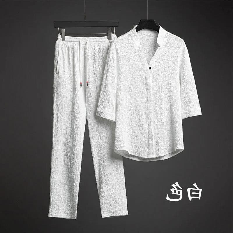 New Men's Fashion Trendy Light Luxury Ultra-Thin Quarter-Sleeve Ice Silk Suit Men's Summer Large Size Loose Mid-Sleeve Two-Piece Set 00