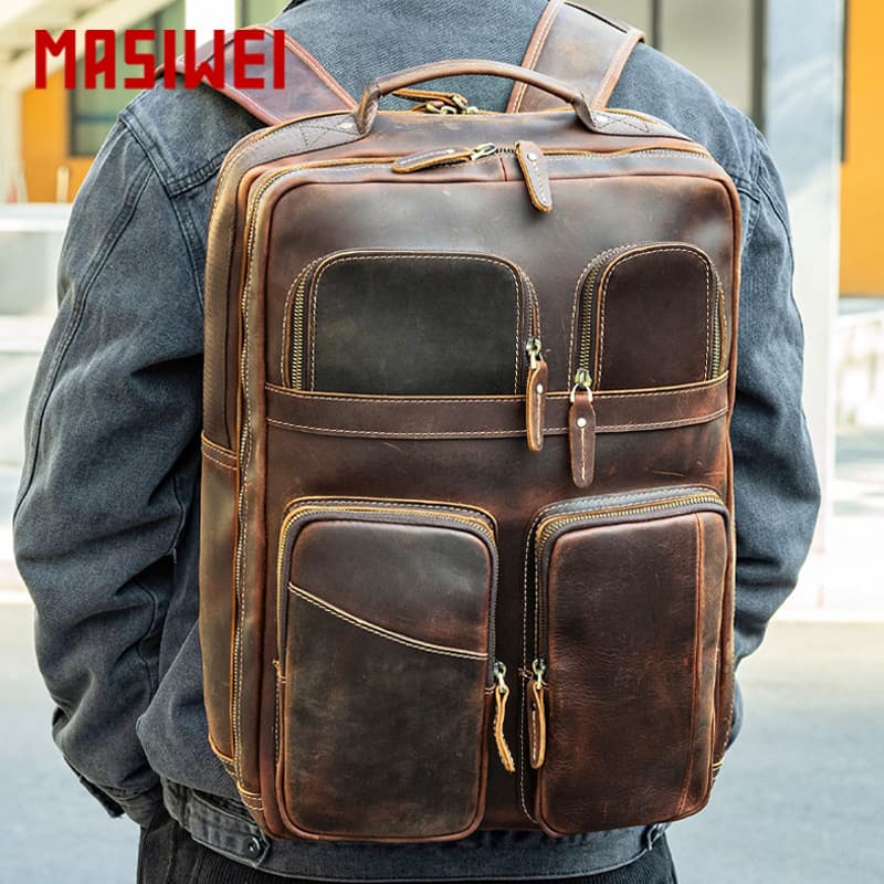 Crazy Horse Leather Men's Backpack Top Grain Cowhide Premium Outdoor Travel Backpack Men's Genuine Leather Backpack Collection