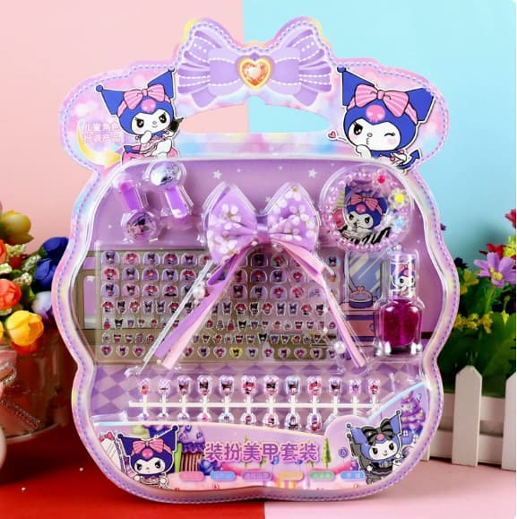 Sanrio Kuromi Kids Cartoon Diamond Nail Ring Hair Tie Bracelet False Nail Set Nail Stickers