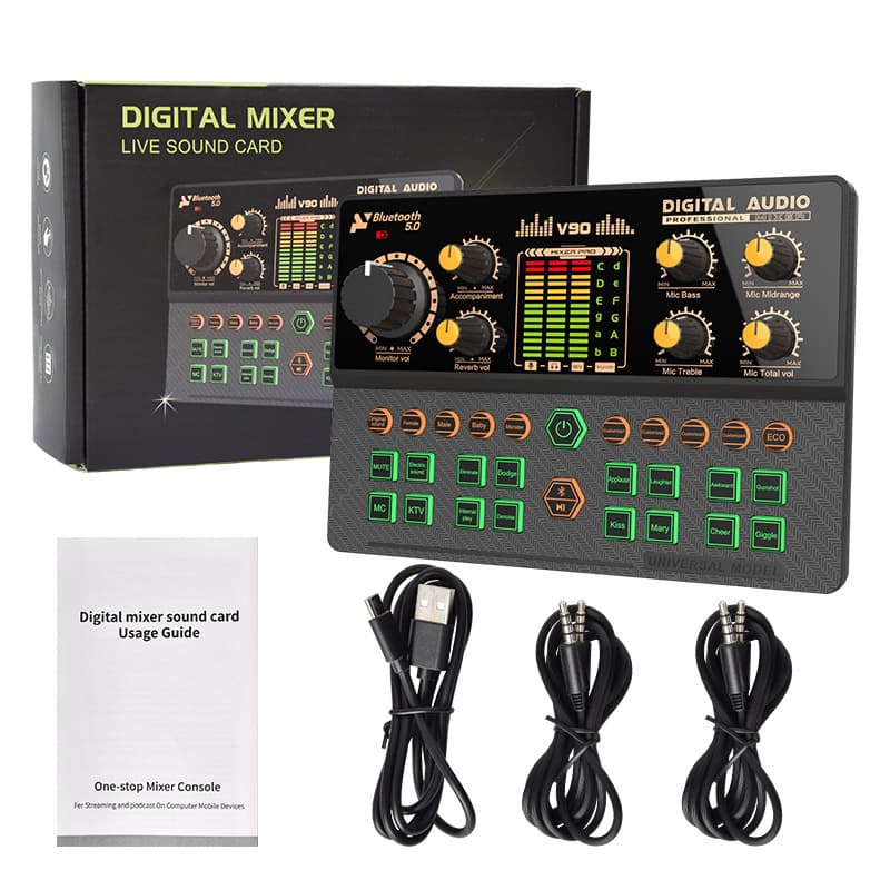 New Sound Card Mixer Voice Changer for Mobile and PC Live Streaming KTV Recording with Sound Effects and Bluetooth Accompaniment V90