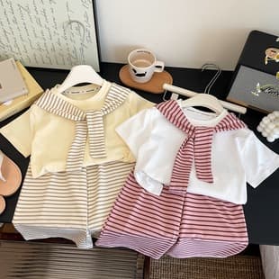 [Parent-Child] Girls Dopamine Summer 2025 New Kids Striped Cape Short Sleeve Nine-Point Pants Two-Piece Set