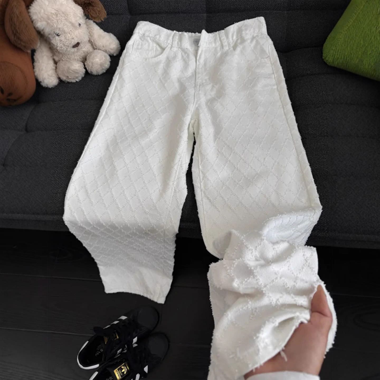 White Diamond Jacquard Straight-Leg Jeans for Men, Stylish and Premium, American High-Street Slimming Curved Blade Flared Pants
