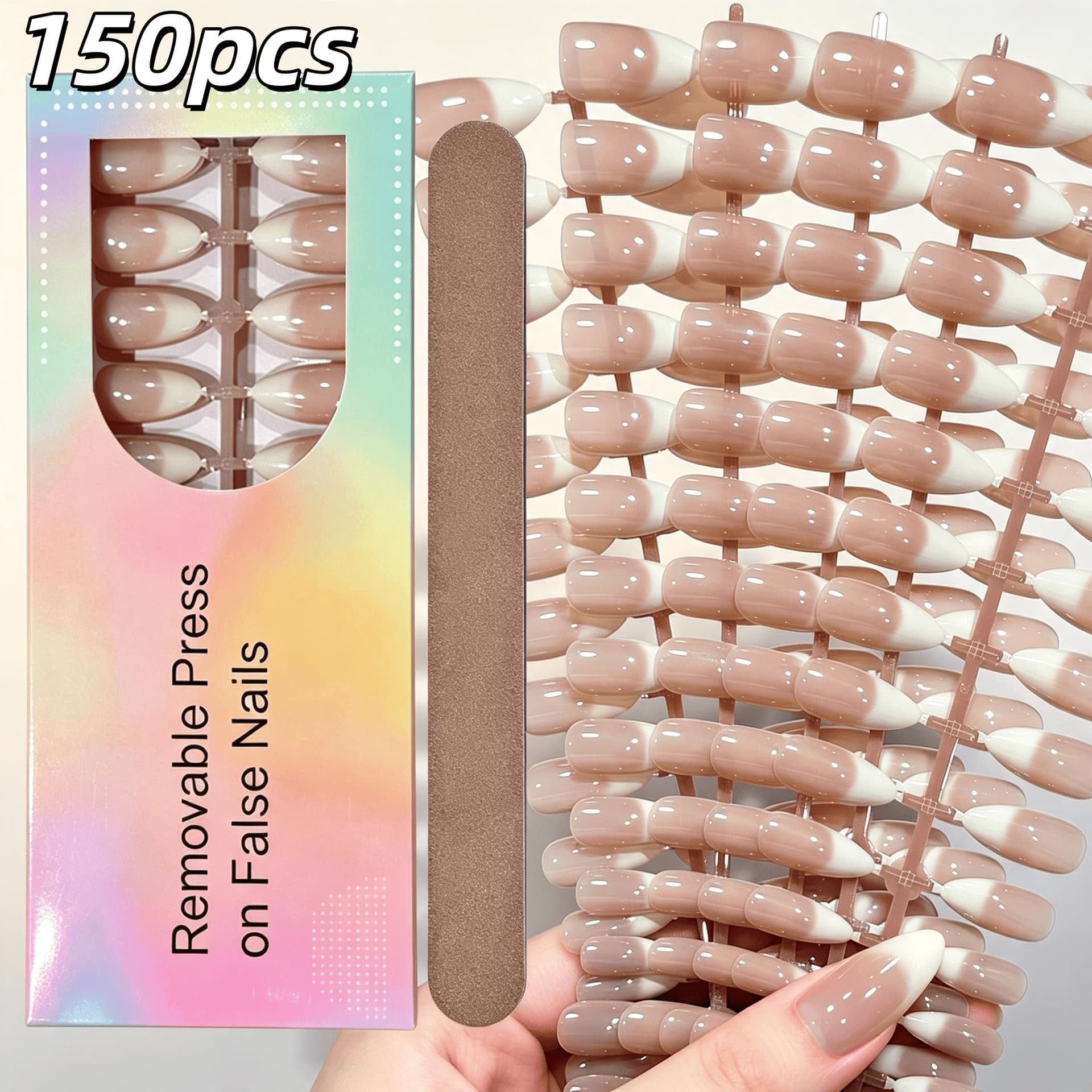 150 Pieces Almond French Gradient Press-On Nails Nude Medium-Long Nail Tips Versatile Daily Reusable Artificial Nails