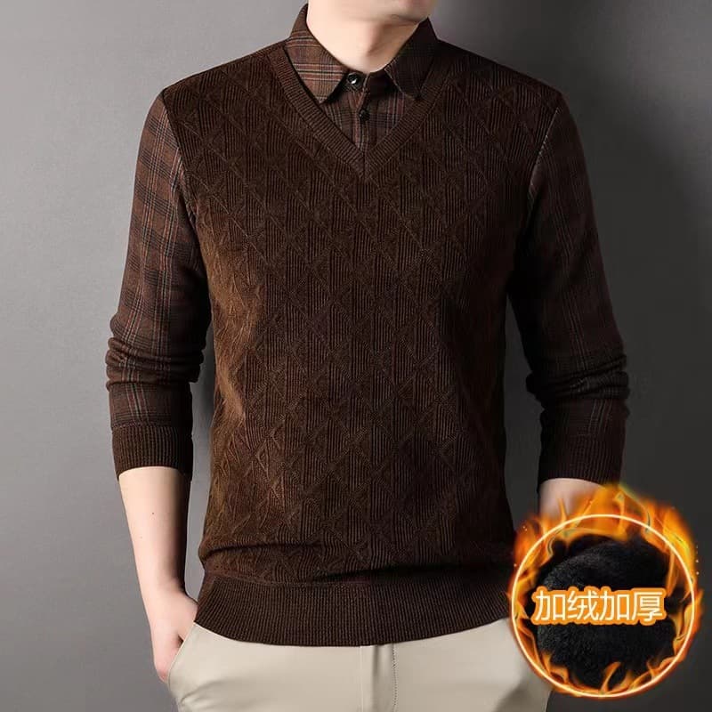 【Fleece-Lined Warm】Mid-Age Men's Knitted Fake Two-Piece 2024 Autumn/Winter New Base Layer Thick Warm Sweater