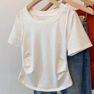 2026 Summer Plus Size T Shirt Cover Belly Slimming Straight Shoulder Short Sleeve T Shirt Women's Waist Cinching Top