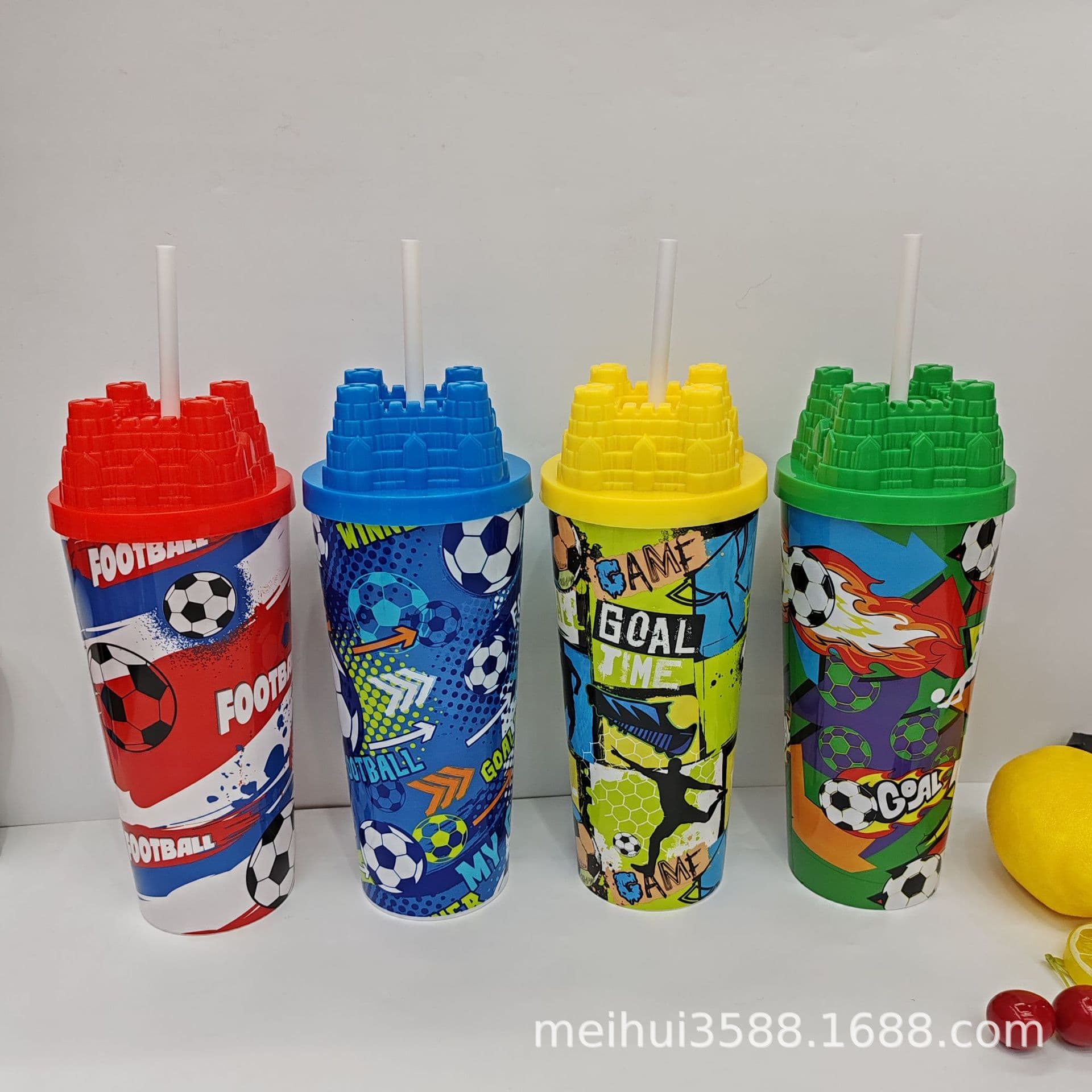 World Cup Straw Cup Plastic Cup Cartoon Football Water Cup Cross-border Supply Cold Drink Cup Plastic Water Cup Wholesale