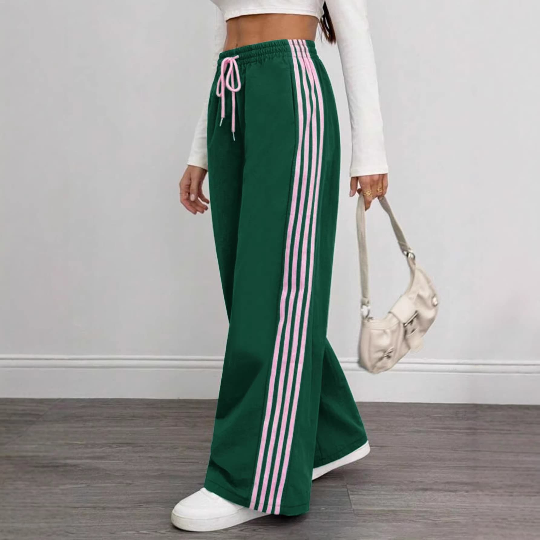 Cross-Border Exclusive Supply of European and American Style Color-Block Striped Wide-Leg Pants, Drawstring High-Waisted Casual Pants for Women, E-Commerce Tested Models in Stock