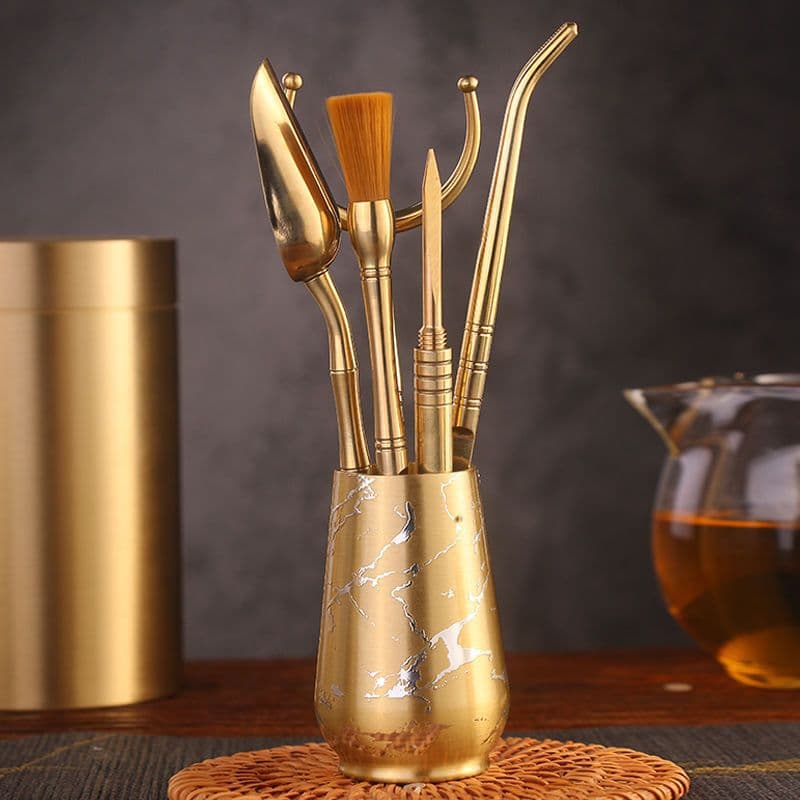 Pure Copper Tea Ceremony Six Gentlemen Set, Tea Tongs, Cup Cleaning Tongs, Teapot Nurturing Brush, and Tea Knife 6-Piece Set for Home Tea Accessories Wholesale