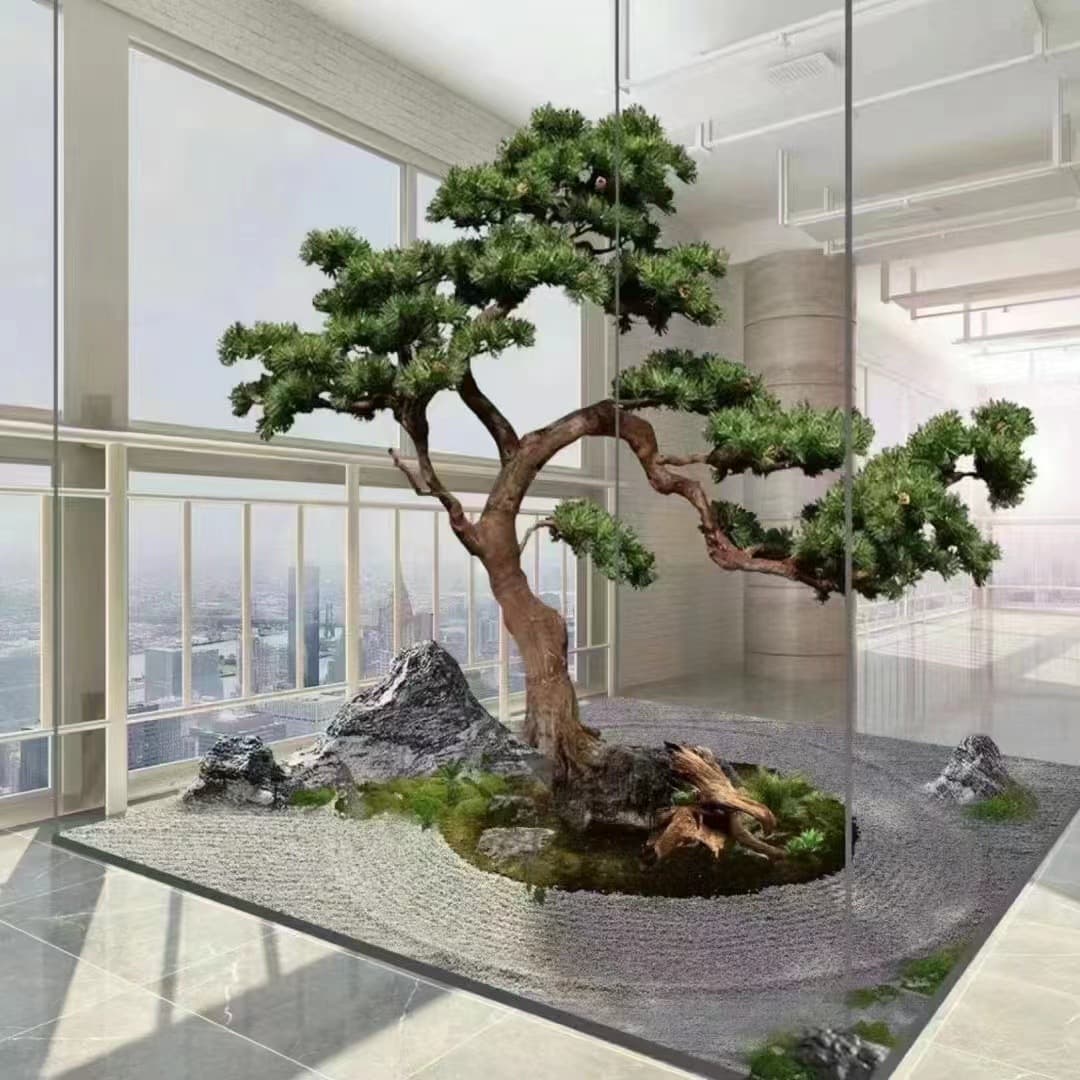 Large artificial welcome pine Podocarpus real wood pole simulation pine shopping mall hotel ornaments indoor and outdoor decoration landscaping