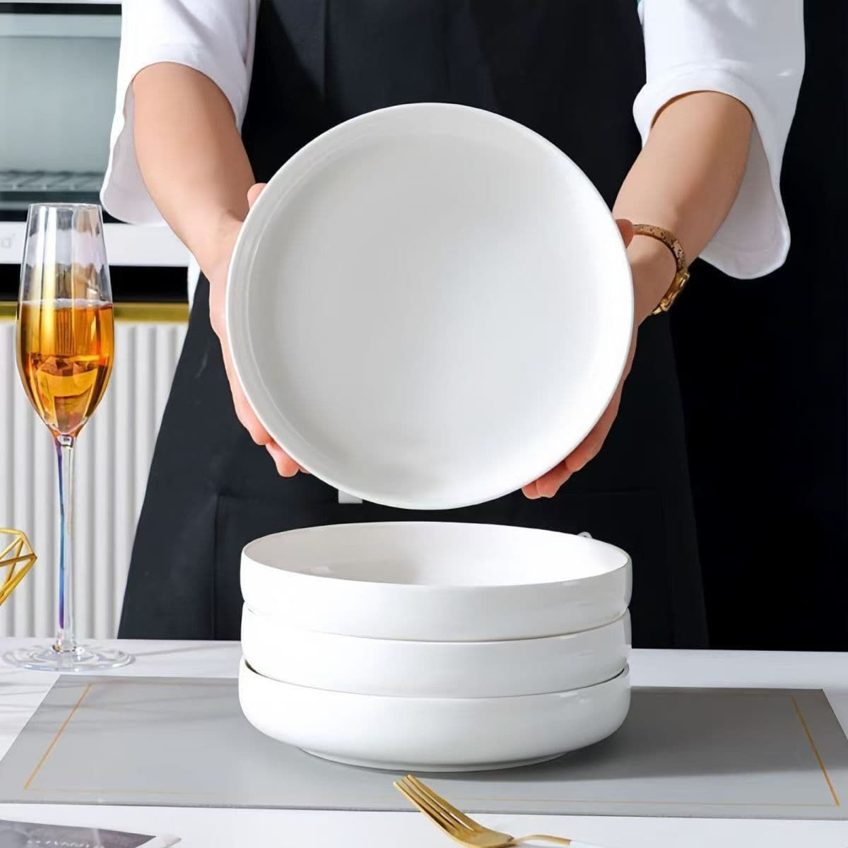 Japanese-style Household Pure White 8-Inch Deep Bowl Plate Soup Plate Creative Tableware Steamed Egg Dish Microwave Safe