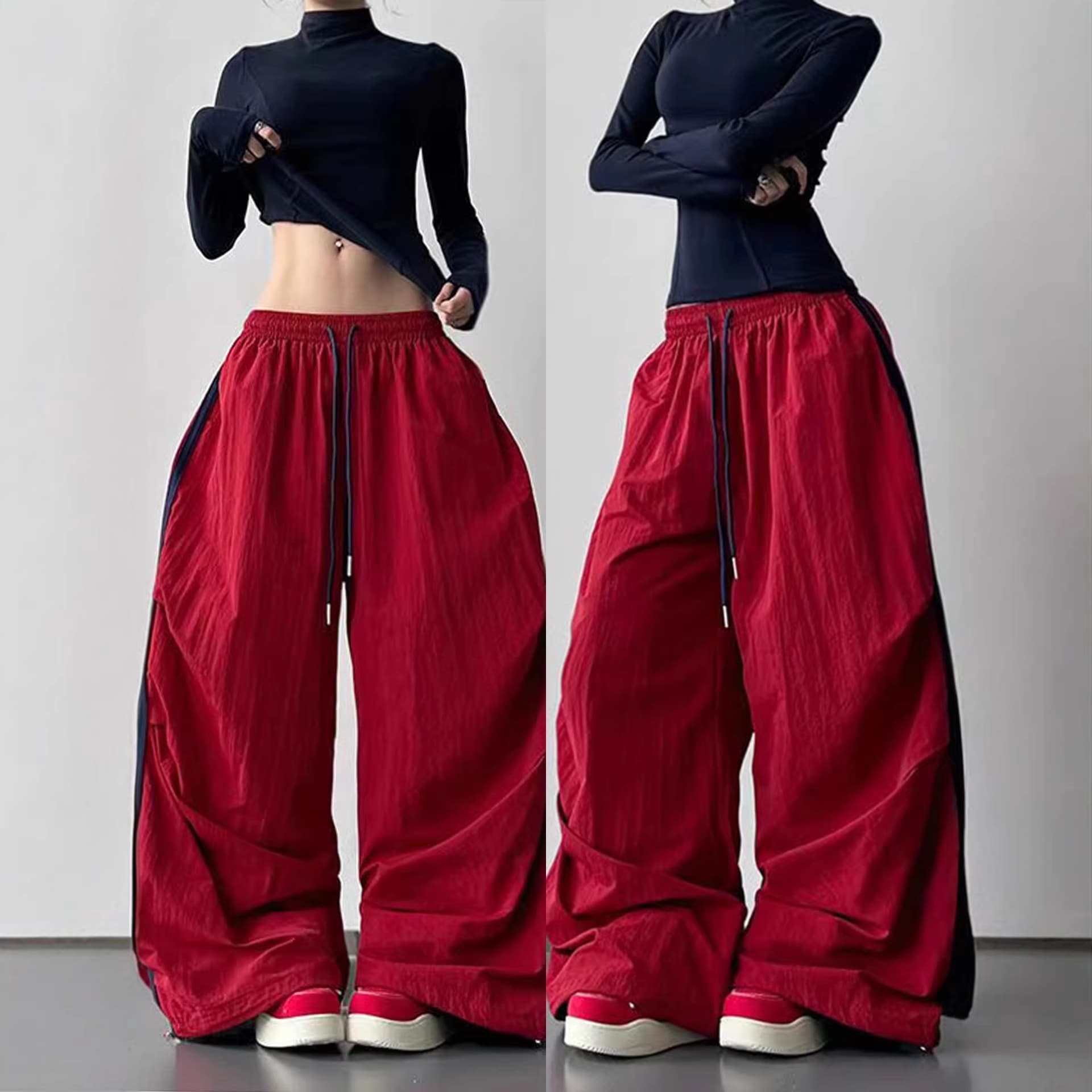 American Retro Casual Wide Leg Pants Women's Red Elastic Waist Straight Pants Tall Sports Pants Slim Overalls