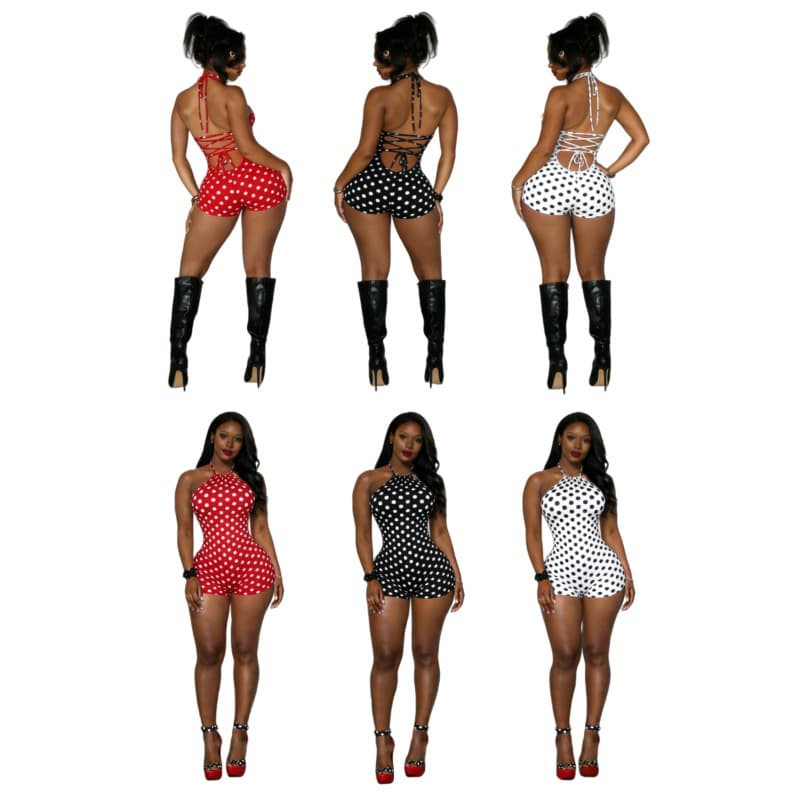 Summer New Style Halter Neck Backless Printed Jumpsuit Shorts Mz88689 in Stock Cross-Border Hot Sale Polka Dot Tie-Up Jumpsuit