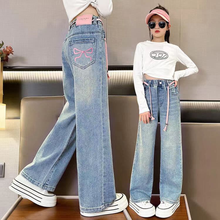 Summer Girls' Jeans Spring & Fall New Children's Straight Wide-Leg Trousers Summer Loose Trousers for Middle-Aged and Older Children