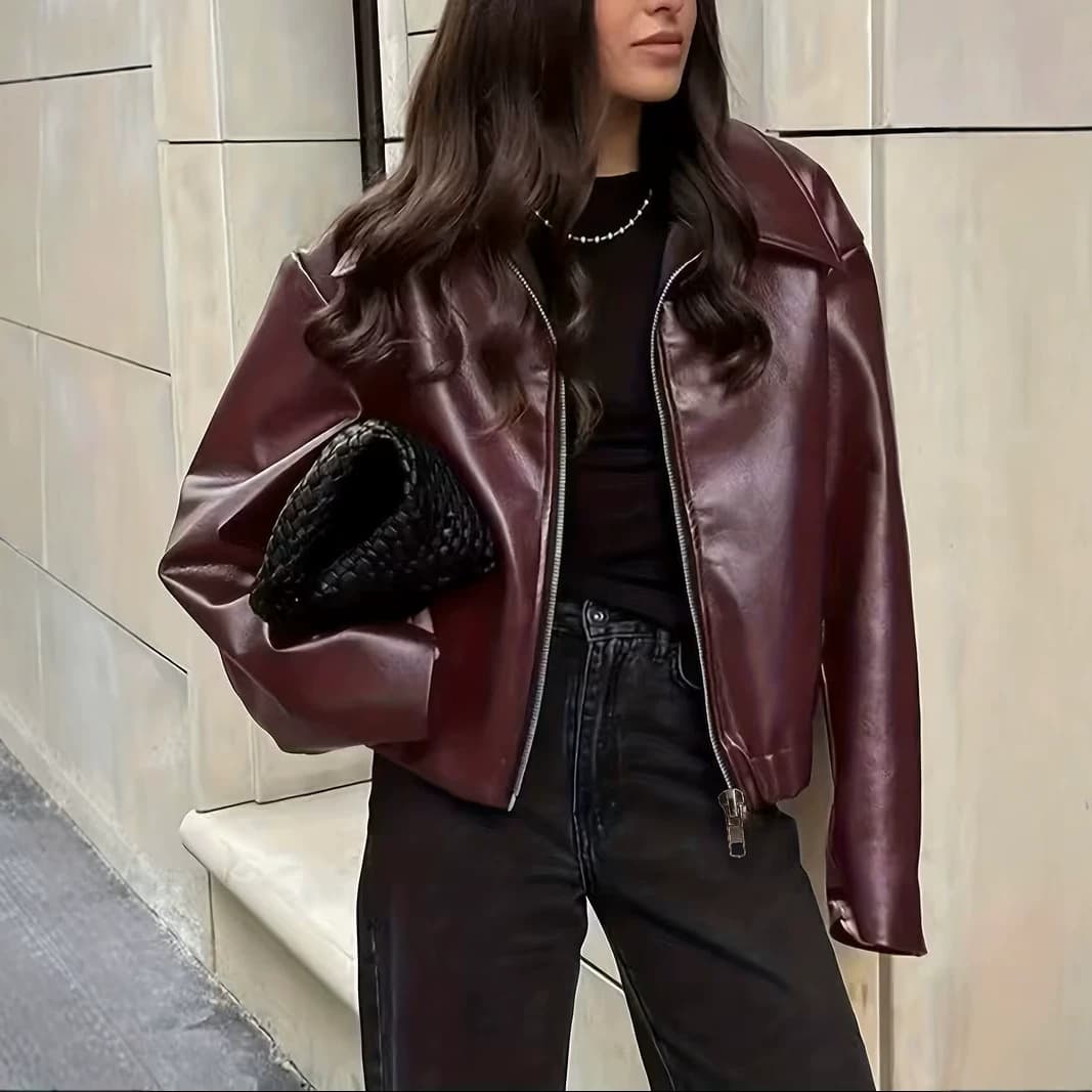 2026 New European and American Style Short Motorcycle Leather Jacket for Women, Loose PU Leather Blazer, Spring and Fall Fashion Trendy Outerwear