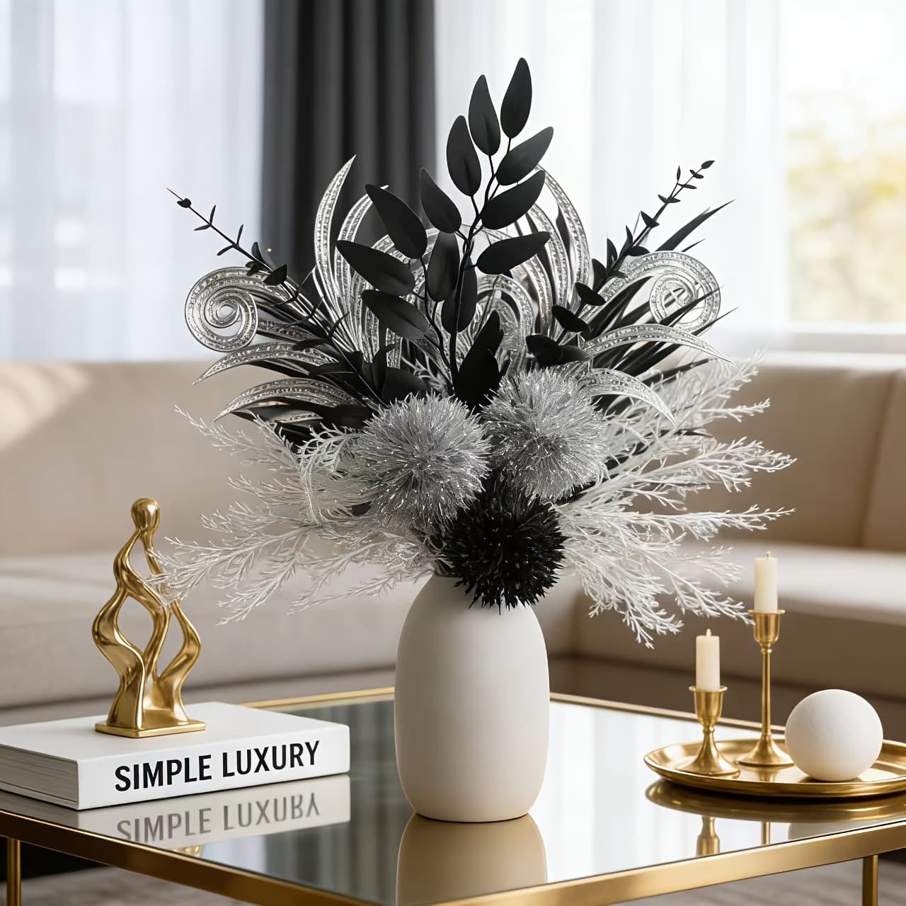 Artificial Flower Black Silver Bouquet Contrast Color Black Areca Palm Silver Goat Horn Black Eucalyptus Leaves Black Bamboo Leaves Bouquet