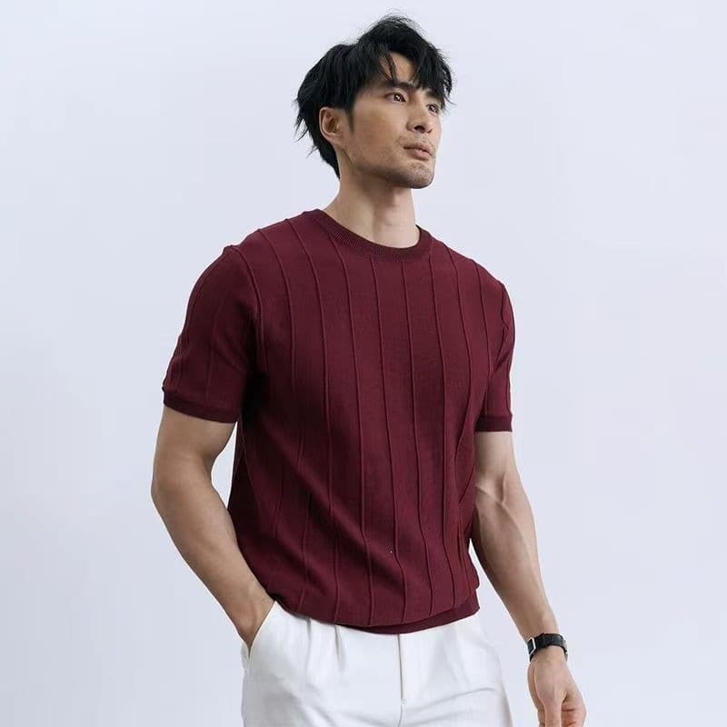 Slim-Fit High-Quality Knit Base Layer Shirt British Retro Ribbed Crew Neck Short Sleeve Tee Men Spring Summer