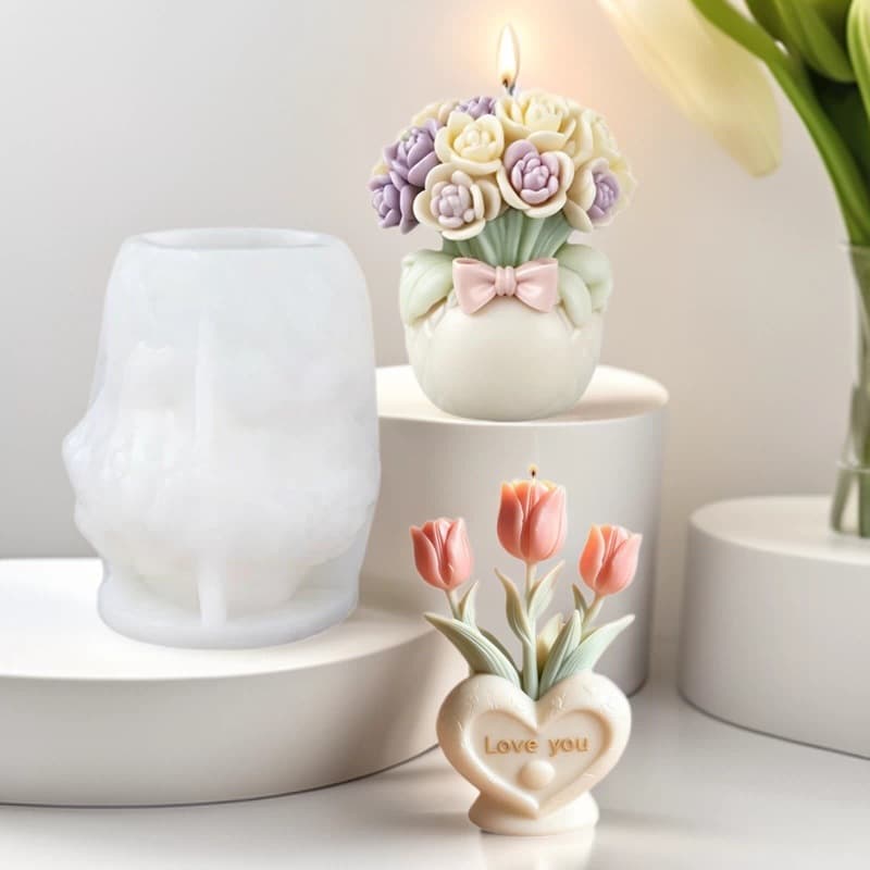Daisy Rose Flower Basket Scented Candle Mold, Love Tulip Silicone Cake Mold DIY Aromatherapy Home Decor