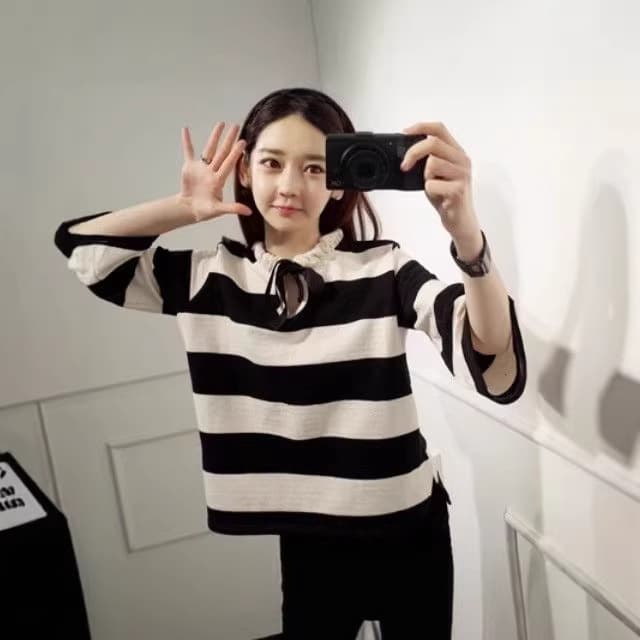 Preppy Polo Neck Base Layer Contrast Stripe Long Sleeve Chiffon Top New Summer Loose Women's Slimming Blouse