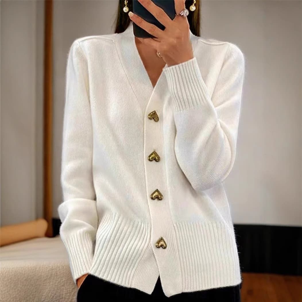 New autumn and winter women's V-neck casual temperament loose solid color knitted inner sweater cardigan love button trend