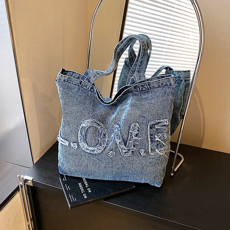Korean version of the new lazy style denim women's bag brushed letter student shoulder bag casual large capacity tote bag for women