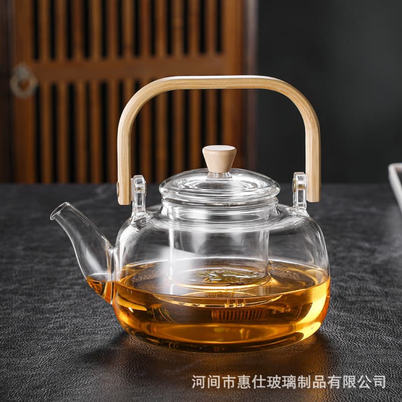 Home high borosilicate glass flower tea brewing pot, office bamboo and wood handle tea set, transparent glass teapot with handle.