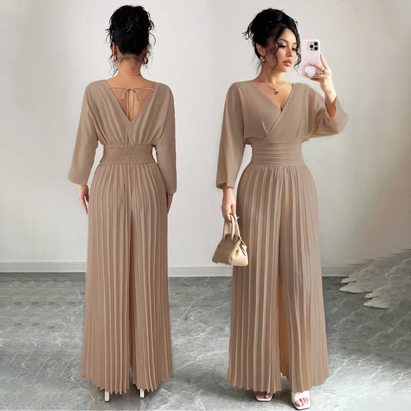 Amazon 2025 Commuter Style Fashionable and Elegant Solid Color V-Neck Long-Sleeve Waist-Cinching Pleated Jumpsuit Pants for Women