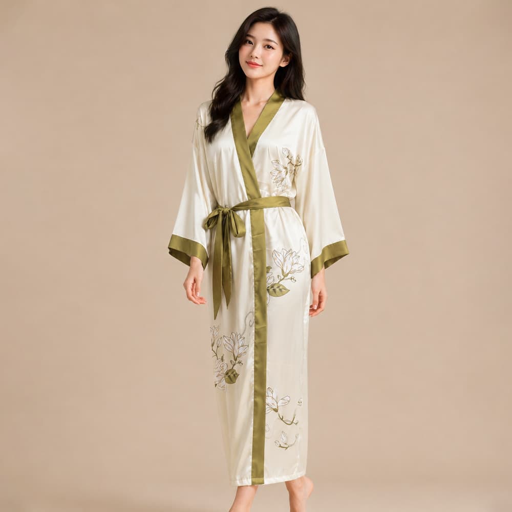 New Satin Printed Pajamas for Women, Light Luxury Long-Sleeved Cool Nightgown, Bathrobe, Home Wear, Ice Silk Summer Women's Pajamas