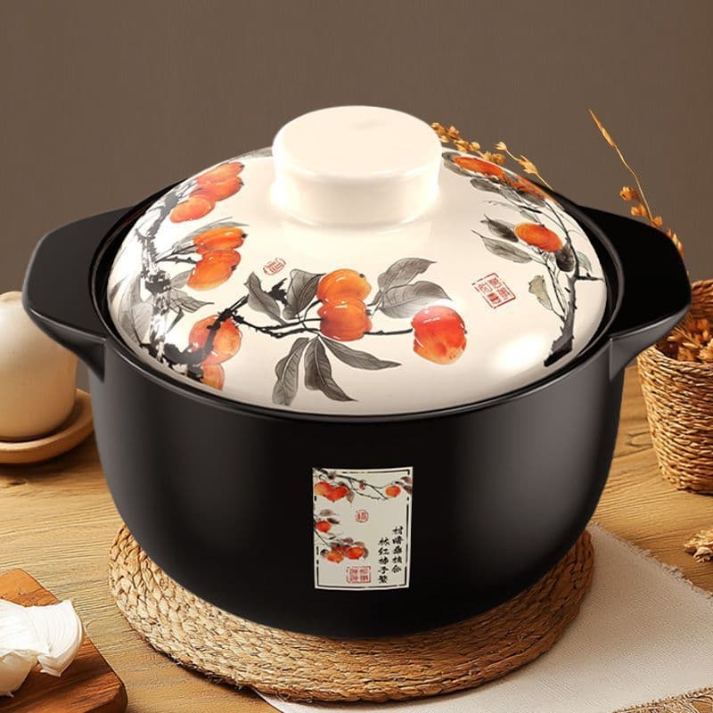 Black rice clay pot with auspicious design, large capacity ceramic soup pot, explosion-proof for gas stoves.