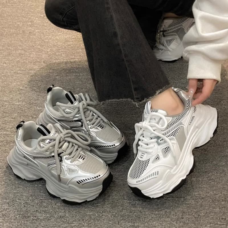 Mesh Breathable Sneakers Thick Sole Trendy White Shoes Women Ins Fashion 2025 Spring New Dad Sneakers