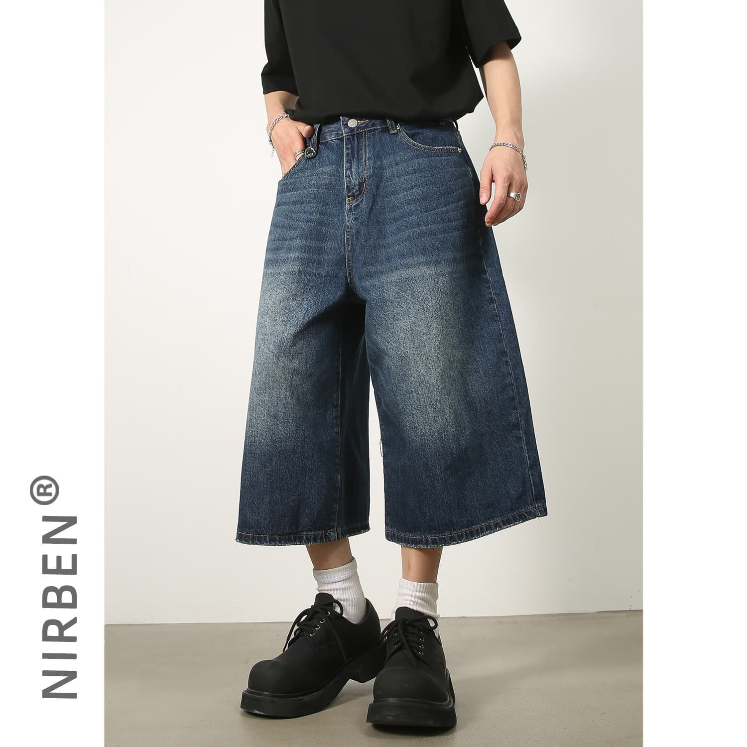 nirben denim | summer loose silhouette washed retro distressed three-point straight denim shorts for men