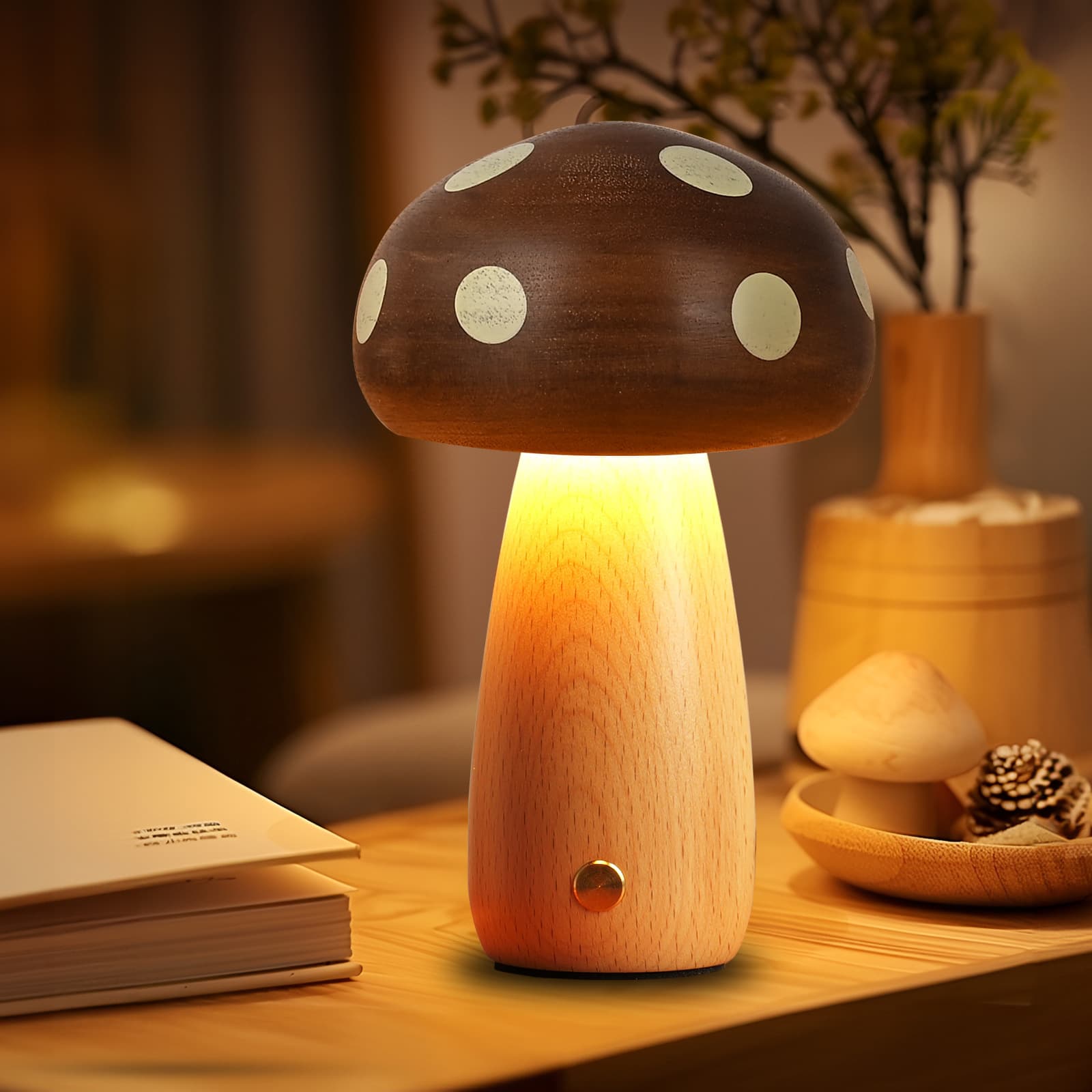 Ins Style Solid Wood Mushroom Lamp Bedside Decor, Beech Wood Kids LED Table Lamp, Gift for Girls, Wooden Mushroom Lamp