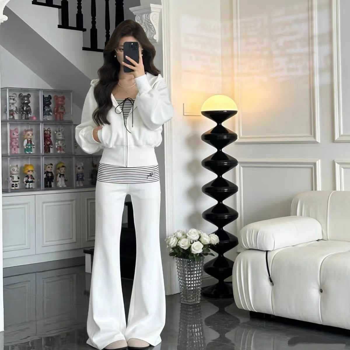Lazy Style Three-Piece Set for Women 2026 Spring New, Slimming Hoodie Jacket Striped Camisole Flared Pants #935