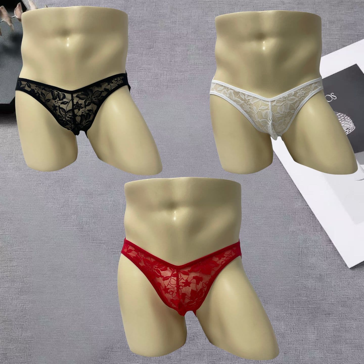 Cross-border New Style Men's Sexy Lace Underwear Low Waist Tight Sexy Breathable Rose Pattern Transparent Triangle Briefs