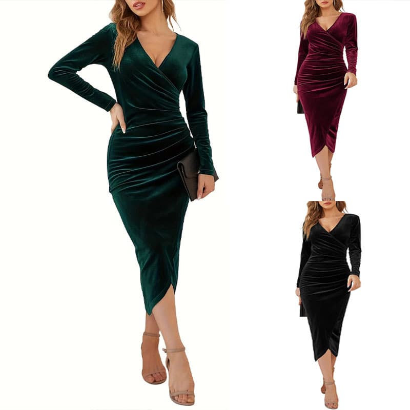 Amazon Cross-border Fall/Winter Bestseller Sexy V-Neck Casual Elegant Long-Sleeve Bodycon Long Dress Evening Gown