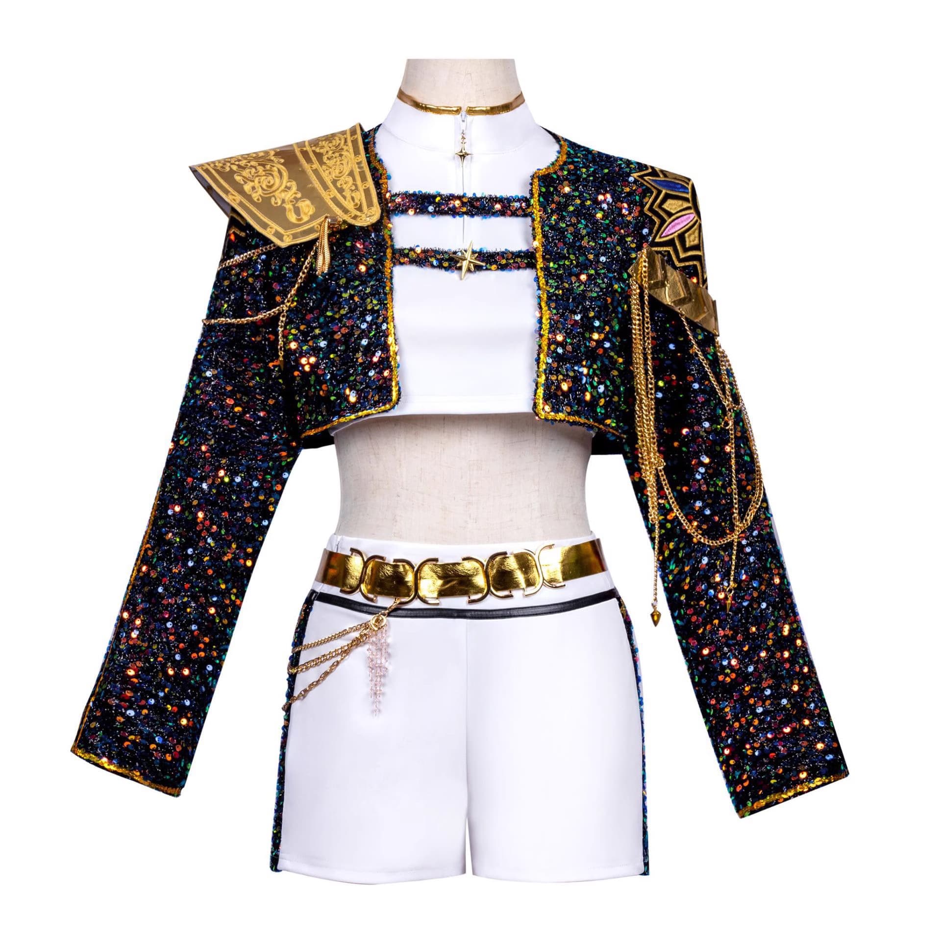 Kpop Witch Hunter Group Cosplay Costume Lumi Mila Zoe Black Gold Sequins Stage Outfit Wig for Kids and Women