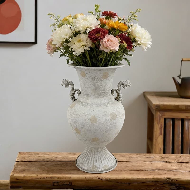 Vintage Retro Metal Vase Premium White Texture Tall Flower Pot for Home, Homestay, Desktop Decorative Vessel