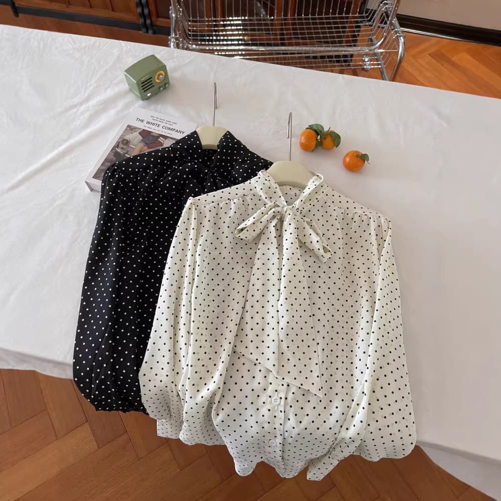 French Polka Dot Blouse Women's Elegant Bow Tie Blouse 2026 Spring Summer Inner Layering Long Sleeve Top 6884