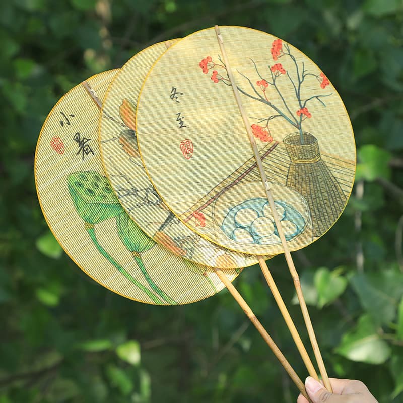 Bamboo Woven Handmade Round Fan Summer Cooling Artistic Pu Fan Ancient Style Twenty-Four Solar Terms Old-Style Bamboo Woven Fan