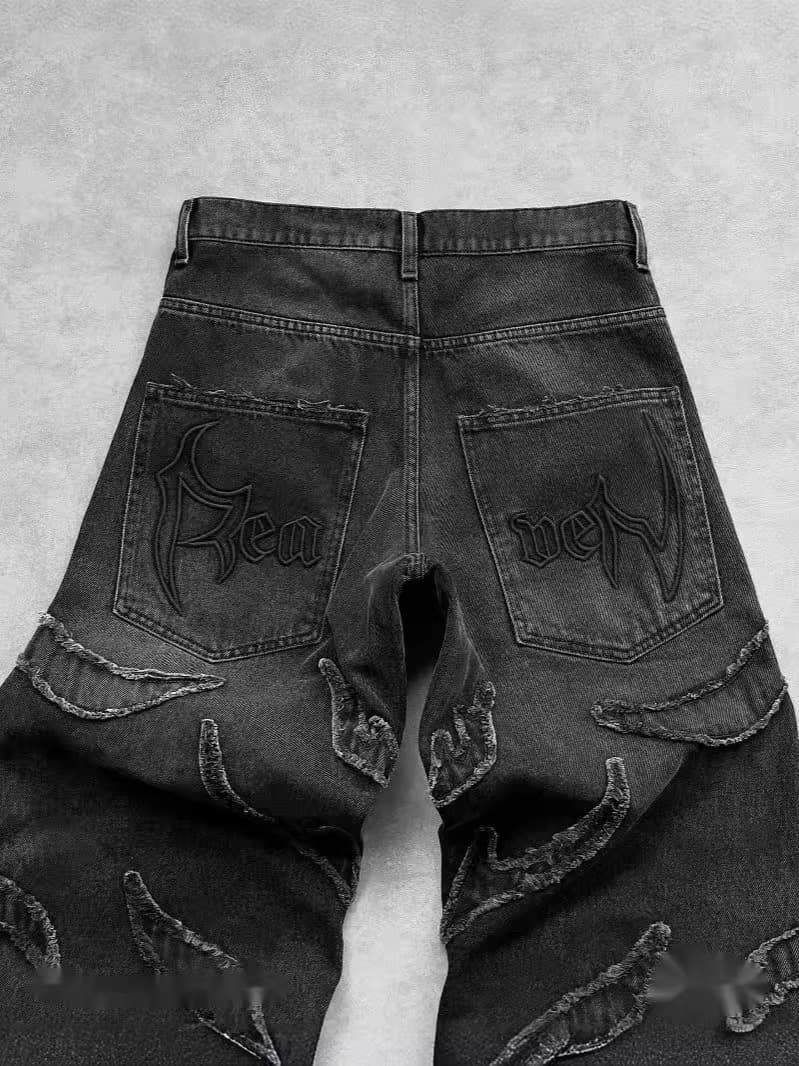 Hip-Hop Punk Embroidered Jeans Y2K Retro Loose Jeans Men's Retro Pattern Stitching High Waist Jeans